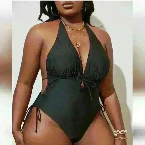 BLACK HALTER ONE PIECE SWIM SUIT - Picture 1 of 4